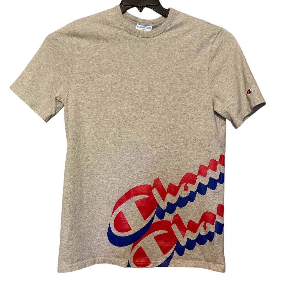Champion T Shirt Mens Size Lg Script Logo Spellout Y2K Crew Neck Heather Grey